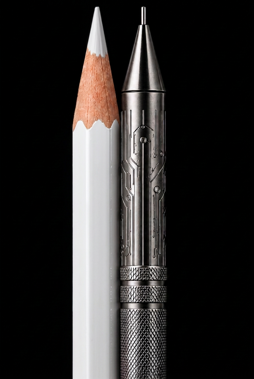 A white pencil alongside a metallic AI-inspired pen on a black background